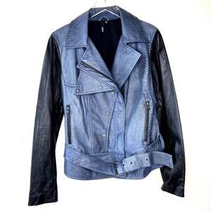 EDUN Motorcycle Leather Jacket Black Blue Belted Moto LARGE Snakeskin Print